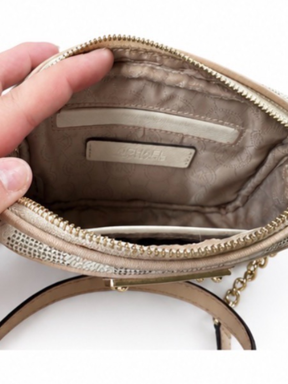 Michael Kors Embossed MK Logo Crossbody in Cream and Tan - Picture 5 of 14